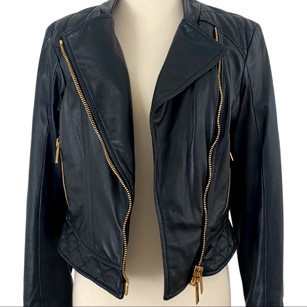 Bluemarine Black Leather Biker Jacket Sz Xs